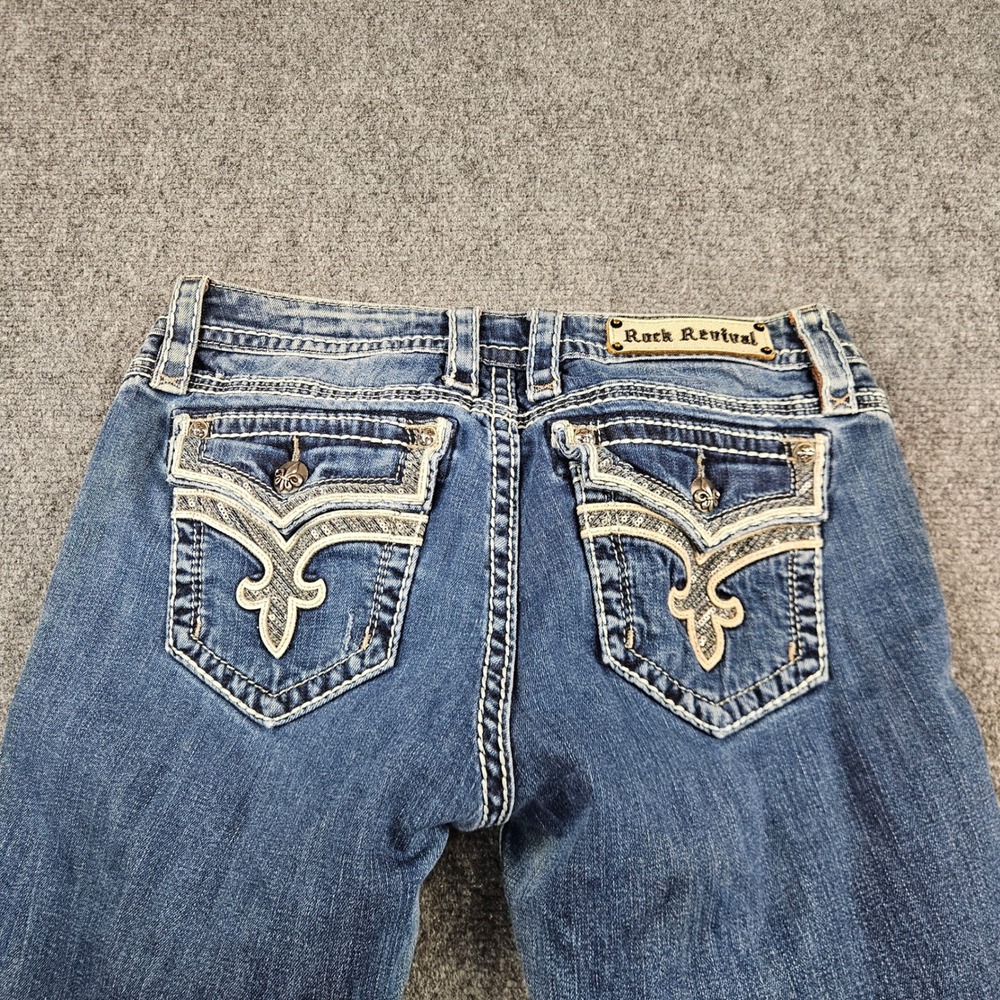 Rock Revival Ena Bootcut Jeans Blue Thick Stitch Frayed Hem RJ8469B18 Size 31